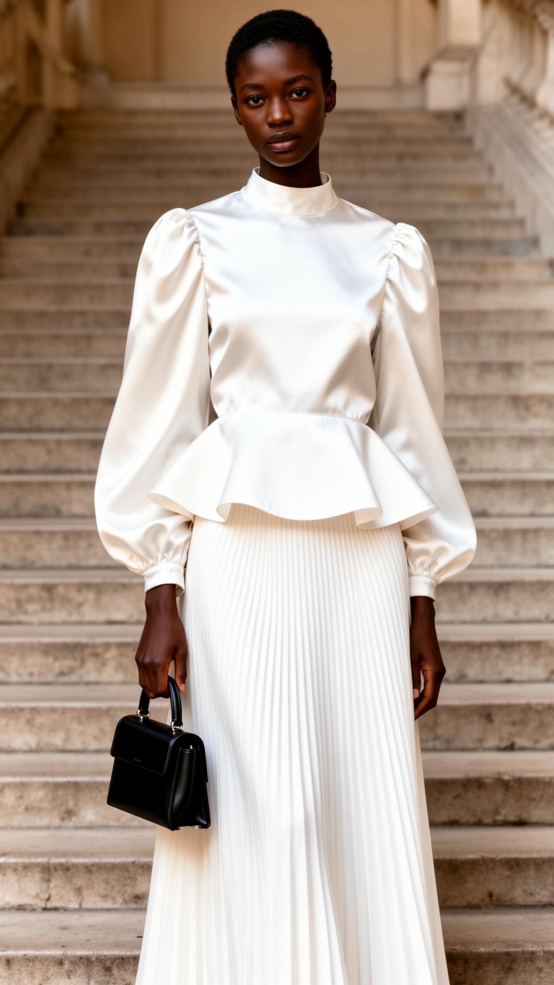 Model wearing the Aspotique white peplum blouse and pleated skirt